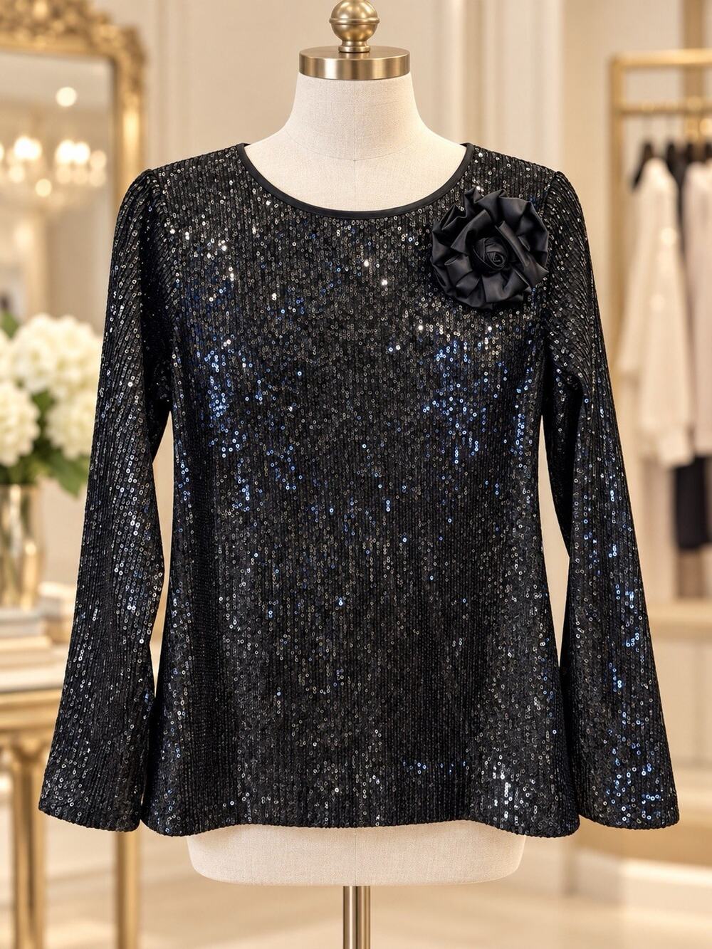 Etcetera Knit Pullover Black Sequins Sz 8 With Rosette Appliqué